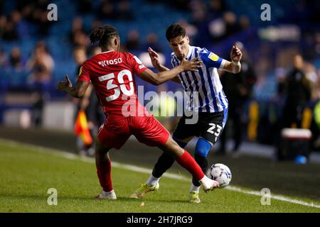 Sheffield, Großbritannien. 23rd. November 2021. Peter Kioso #30 von Milton Keynes Dons und Theo Corbeanu #23 von Sheffield Mittwoch in Sheffield, Großbritannien am 11/23/2021. (Foto von Ben Early/News Images/Sipa USA) Quelle: SIPA USA/Alamy Live News Stockfoto