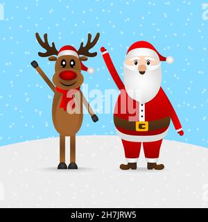 Santa claus und Cartoon Rentiere begrüßen Sie Stock Vektor