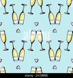 Gläser Champagner nahtlose Doodle-Muster. Prost Vektorgrafik auf blauem Hintergrund. Grußkarte zum Valentinstag, Poster zur Jubiläumsfeier