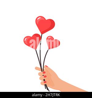 Hände halten Herzen geformt Blasen. Valentinstag feiert Konzept. Festliche Vektorgrafik Stock Vektor