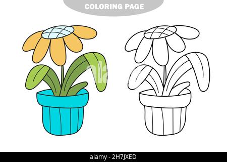Einfache Malseite. Niedliche Gänseblümchen-Pflanze, handgezeichnete Stock-Vektor-Illustration isoliert auf weißem Hintergrund. Farbe und schwarz-weiße Version Stock Vektor