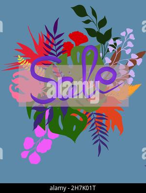 Schöne Sommer Verkauf Poster . Sammlung tropischer Blätter. Tropische Pflanzen und Blumen isoliert auf Weiß. Elemente für Ihr Design. Stockfoto