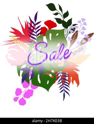 Schöne Sommer Verkauf Poster . Sammlung tropischer Blätter. Tropische Pflanzen und Blumen isoliert auf Weiß. Elemente für Ihr Design. Stockfoto