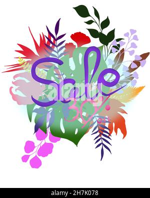 Schöne Sommer Verkauf Poster . Sammlung tropischer Blätter. Tropische Pflanzen und Blumen isoliert auf Weiß. Elemente für Ihr Design. Stockfoto