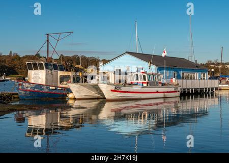 fischerboote der isle of wight an der Küste im Hafen von bembridge, Restaurants und Fischhändler an der Anlegestelle im hafen von bembridge auf der Küsteninsel wight. Stockfoto