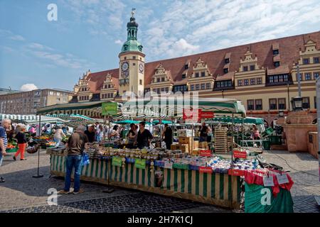 Markt vor dem alten Rathaus von Leipzig, Altstadt, Marktplatz, Sachsen, Deutschland Stockfoto