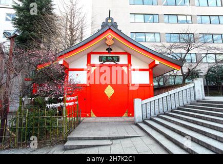 Der Hanazono-Schrein mit leuchtend farbigen Gebäuden und Torientoren in Shinjuku, Tokio, Japan. Es ist eines der wichtigsten Inari-Schreine in Japan. Stockfoto