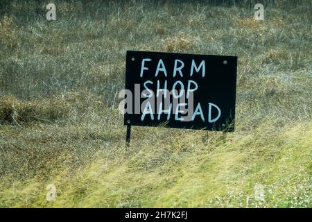 Farm Shop Ahead Schild Hand in weiß auf schwarz gemalt stehen auf Gras am Straßenrand Stockfoto