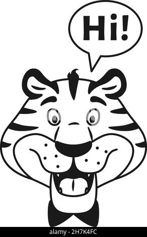 Schwarz-weiß umreiß sprechen glücklich Tiger sagen Hallo Stock Vektor