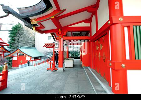 Der Hanazono-Schrein mit leuchtend farbigen Gebäuden und Torientoren in Shinjuku, Tokio, Japan. Es ist eines der wichtigsten Inari-Schreine in Japan. Stockfoto