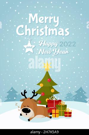 Der Weihnachtsmann schläft unter dem Weihnachtsbaum mit Geschenken. Frohe Weihnachten und Frohes neues Jahr. Weihnachtskarte. Isolierte Vektordarstellung. Stock Vektor