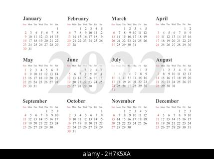 Kalender 2022 Jahr. Schwarz-Weiß-Vektorvorlage. Die Woche beginnt am Sonntag. Grundraster. Quadratischer Taschenkalander. Ready-Design Stock Vektor