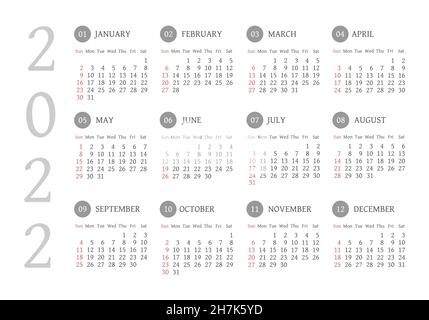 Kalender 2022 Jahr. Schwarz-Weiß-Vektorvorlage. Die Woche beginnt am Sonntag. Grundraster. Quadratischer Taschenkalander. Ready-Design Stock Vektor
