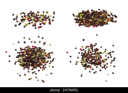 Schwarze, rote und weiße Pfefferkörner, Pfefferstreuer auf weißem Hintergrund isoliert. Stockfoto