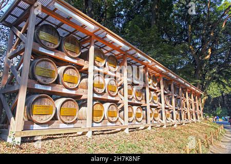 Weinfässer im Meiji Jingu-Schrein in Shibuya, Tokio. Dies waren Geschenke an den Kaiser von Weinkellereien in Bourgogne in Frankreich aus der Meiji-Ära. Stockfoto