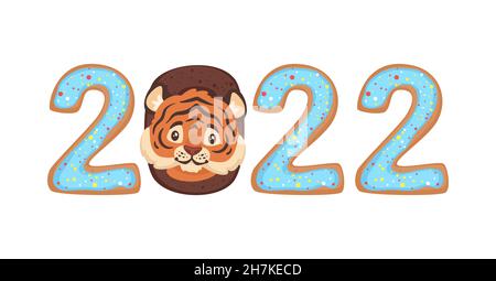 2022 Neujahrsbanner mit Figuren und Tiger Stock Vektor