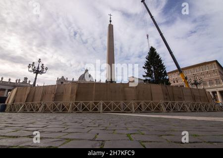 Rom, Italien. 23rd. November 2021. Weihnachtsbaum wird auf dem Petersplatz in Rom hochgezogen (Foto: Matteo Nardone/Pacific Press) Quelle: Pacific Press Media Production Corp./Alamy Live News Stockfoto