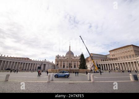 Rom, Italien. 23rd. November 2021. Weihnachtsbaum wird auf dem Petersplatz in Rom hochgezogen (Foto: Matteo Nardone/Pacific Press) Quelle: Pacific Press Media Production Corp./Alamy Live News Stockfoto