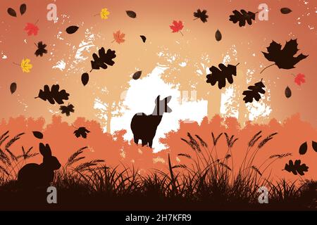 Ein Hirsch und ein Kaninchen werden in einem nebligen Wald mit fallenden Herbstblättern gesehen. Dies ist eine 3-d-Abbildung. Stockfoto