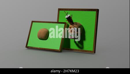 3D Abbildung eines hölzernen Bilderrahmens mit grünem Papier und einem aus einem Bild hervorstehenden menschlichen Schädel Stockfoto