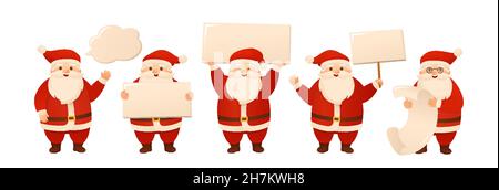 Weihnachten Weihnachtsmann mit leeren Schild Bord kopieren Raum. Lustiger Charakter und Werbebanner Set. Happy New Year Gratulation oder Verkauf, leeres Banner. Entwerfen Sie Weihnachtsmockup oder Postkartenvektor Stock Vektor