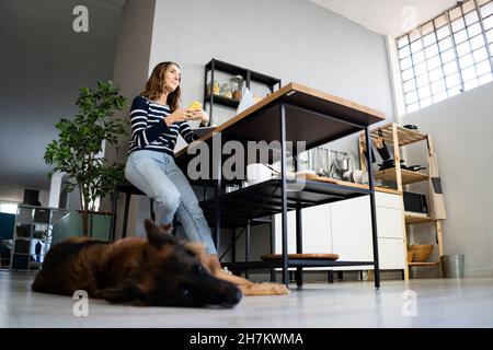 Junge Frau vor dem Laptop von German Shepherd zu Hause Stockfoto