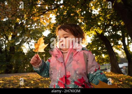 Nettes Baby Mädchen, das auf Blatt schaut Stockfoto