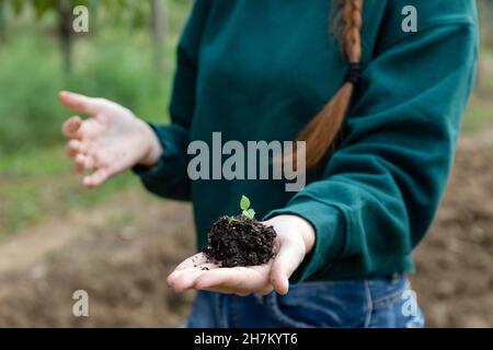 Bäuerin mit neuer Pflanze, die aus dem Boden sprießt Stockfoto