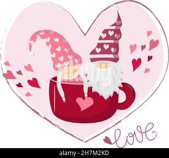 Illustrationen für den Valentinstag zwei kleine Zwerge in einer Tasse. Vektorzeichnung. Stock Vektor