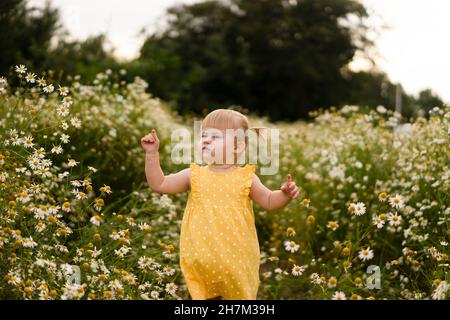 Nettes Kleinkind Mädchen in gelbem Kleid gestikuliert von Blumen auf der Wiese Stockfoto