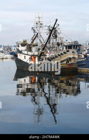 Seattle - 21. November 2021; die kommerzielle Fischerbootsstation von Vail Colorado dockte im ruhigen Wasser des Fishermen's Terminal in Seattle an Stockfoto