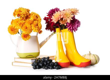 Zusammensetzung mit Gummistiefeln, Chrysanthemenblüten und Gießkanne auf weißem Hintergrund Stockfoto