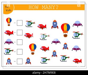 Kinder-Mathe-Spiel, zählen, wie viele von ihnen. Kinderspielzeug, Hubschrauber, Flugzeug, Ballon, Rakete. vektor Stock Vektor