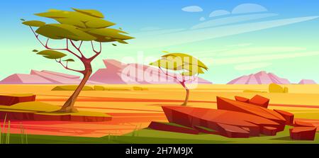 Afrikanische Savannenlandschaft, wilde Natur Afrikas, Cartoon-Hintergrund mit grünen Bäumen, Felsen und schlichtem Graslandfeld unter blauem klarem Himmel. Kenia-Panoramablick, Parallaxenszene, Vektorgrafik Stock Vektor