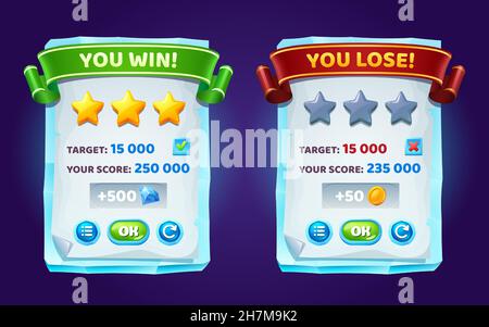 Game ui Interface Boards mit Level-Score, gewinnen und verlieren Banner mit goldenen Sternen und Tasten. Vektor-Cartoon-Set von gui-Elementen mit Brettern aus Eis, Papier und Bändern Stock Vektor