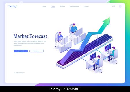Isometrische Landing Page für Marktprognosen. Broker-Charaktere, die versuchen, die Aktienkonjunktur für das Wachstum des finanziellen Nutzens vorherzusagen. Vorhersage von Trends, Business Forecast Konzept. 3D Vektor-Webbanner Stock Vektor