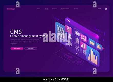 CMS, isometrische Landing Page des Content-Management-Systems. Computer-Desktop mit Programmen, pc-Software zur Bereitstellung, Verwaltung, Erstellung, Bearbeitung und Änderung von digitalen Inhalten 3D Vektor-Web-Banner Stock Vektor