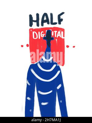 Urkomisch Charakter halb digitalisiert, die Welt wird digital, Graffiti und kühne Linienkunst. Ästhetische Acrylmalerei mit lebendigen Farben. Malen Stockfoto