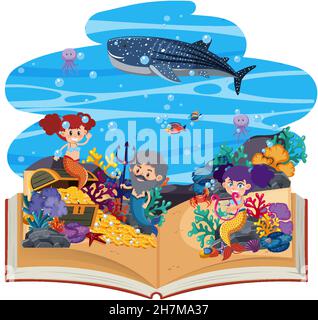 Öffnen Sie das Buch mit niedlichen Meerjungfrauen in der Unterwasser-Illustration Stock Vektor
