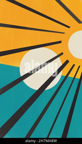 Elegante diagonale schwarze Linien mit weißen Kreisen auf blauem und gelbem 50s Vintage bauhaus, abstrakte Kunst. Kreative Illustration mit tiefer Farbe. Illustrat Stockfoto