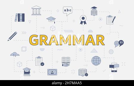 Grammatikkonzept mit Symbolsatz mit großem Wort oder Text auf Vektorgrafik in der Mitte Stockfoto