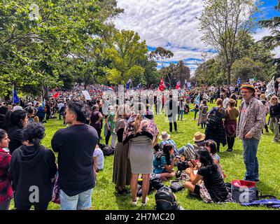 Melbourne, Victoria Australien - 20 2021. November: Flagstaff Gardens Park Tausende von friedlichen Demonstranten kämpfen für die Freiheit und töten die Stockfoto