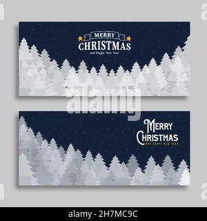 Frohe Weihnachten Grußkarte Set aus weißem Schnee Kiefernwald in handgezeichneter Stil. Weihnachten Cartoon-Design für Jahreszeiten Grüße oder Party-Einladung. Stock Vektor