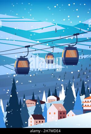 Seilbahn in verschneiten Bergen Wohnhäuser Gegend Skigebiet weihnachten Neujahr Urlaub Feier Winterurlaub Stock Vektor