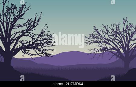 Eine fantastische Aussicht auf die Berge mit trockenen Baumsilhouetten aus dem Dorf bei Sonnenaufgang am Morgen. Vektordarstellung einer Stadt Stock Vektor
