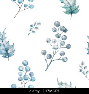Weihnachtliche Nahtloses Muster im Gravurstil. Vintage. Botanischer Hintergrund mit Nadelpflanzen, Farnen und Beeren. Illustration. Blau. Stockfoto