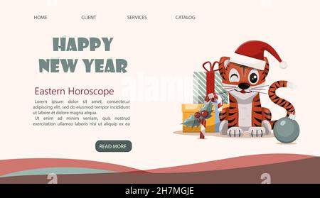 Web Weihnachten Seite mit Weihnachtsbaum, Geschenke, Süßigkeiten, Dekorationen, Straßenkarren Wagen mit Kaffee und Süßigkeiten. Vektorgrafik. Cartoon-Cliparts Stock Vektor