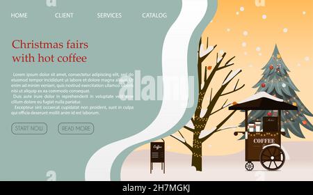 Web Weihnachten Seite mit Weihnachtsbaum, Geschenke, Süßigkeiten, Dekorationen, Straßenkarren Wagen mit Kaffee und Süßigkeiten. Vektorgrafik. Cartoon-Cliparts Stock Vektor