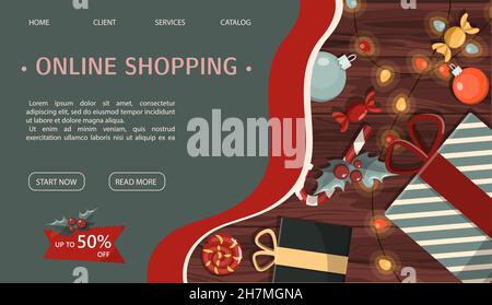 Web Weihnachten Seite mit Weihnachtsbaum, Geschenke, Süßigkeiten, Dekorationen, Straßenkarren Wagen mit Kaffee und Süßigkeiten. Vektorgrafik. Cartoon-Cliparts Stock Vektor