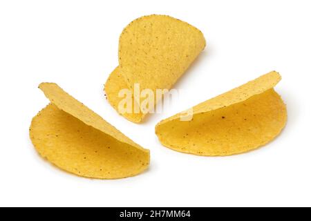 Leere mexikanische Taco-Muscheln auf weißem Hintergrund isoliert Stockfoto